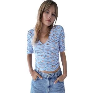 NWT Zara mesh blue flora rushes top sz XS